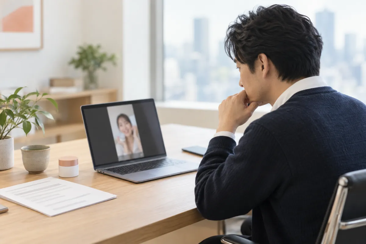 ノートPCでタイのクリエイターの投稿案を確認する日本企業の担当者のイメージ