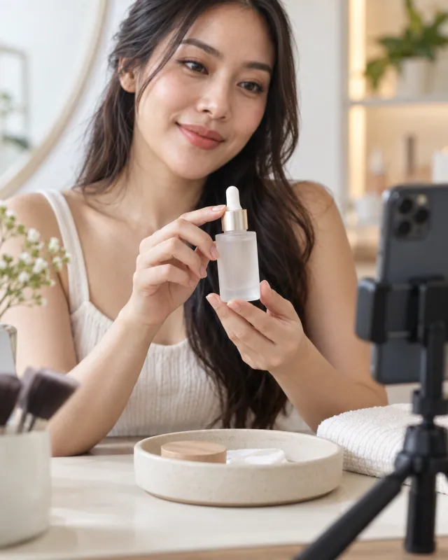 日本のスキンケア商品をスマートフォンで紹介するタイのクリエイターのイメージ