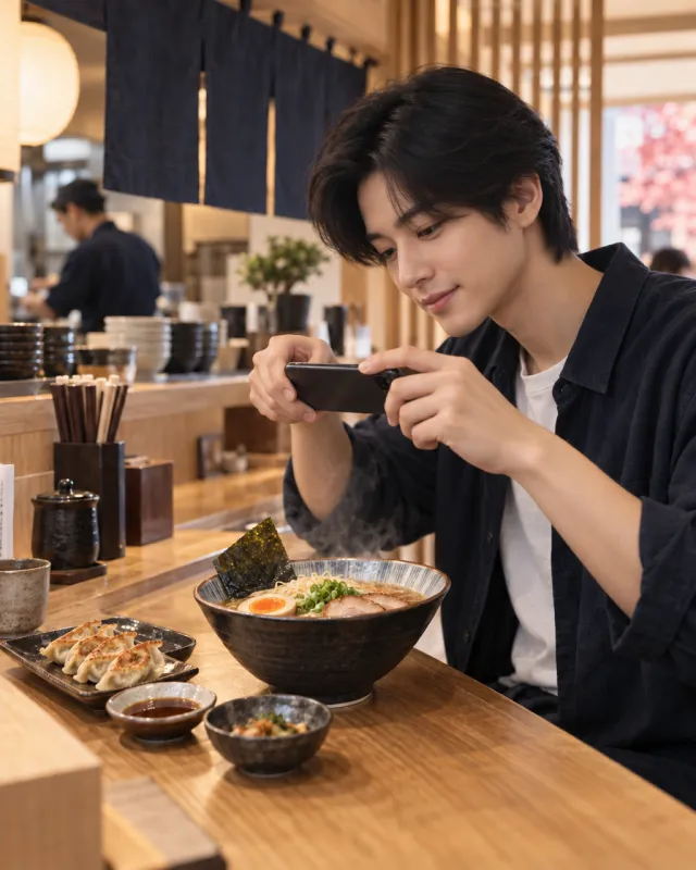 日本食レストランでラーメンを撮影するタイのクリエイターのイメージ