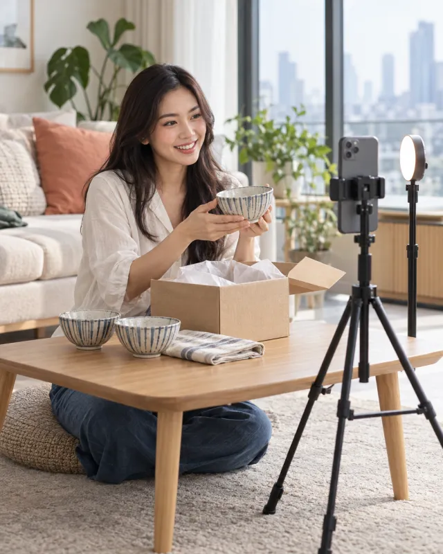 バンコクの自宅で日本の器を開封して撮影するタイのクリエイターのイメージ
