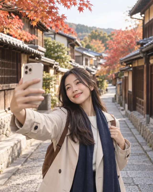 日本の古い町並みで自撮り撮影をするタイの旅行クリエイターのイメージ