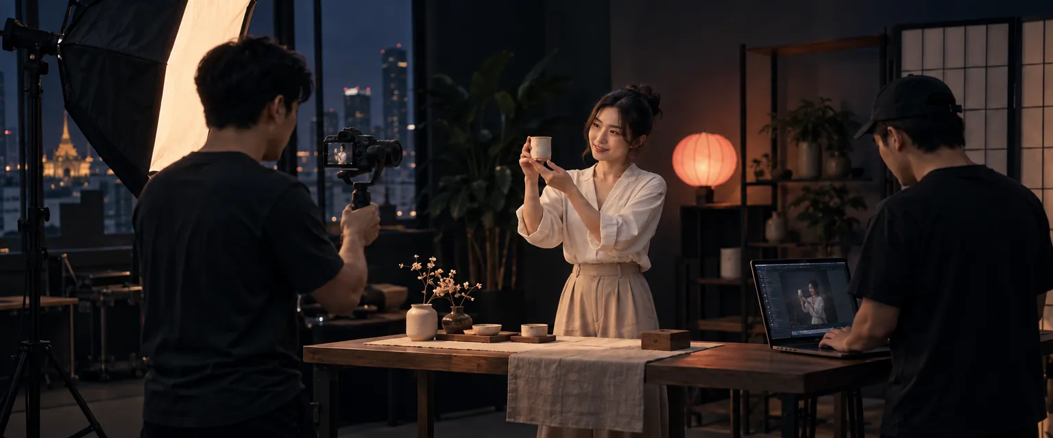 バンコクのスタジオで、スタッフとともに商品紹介を撮影するタイのクリエイターのイメージ